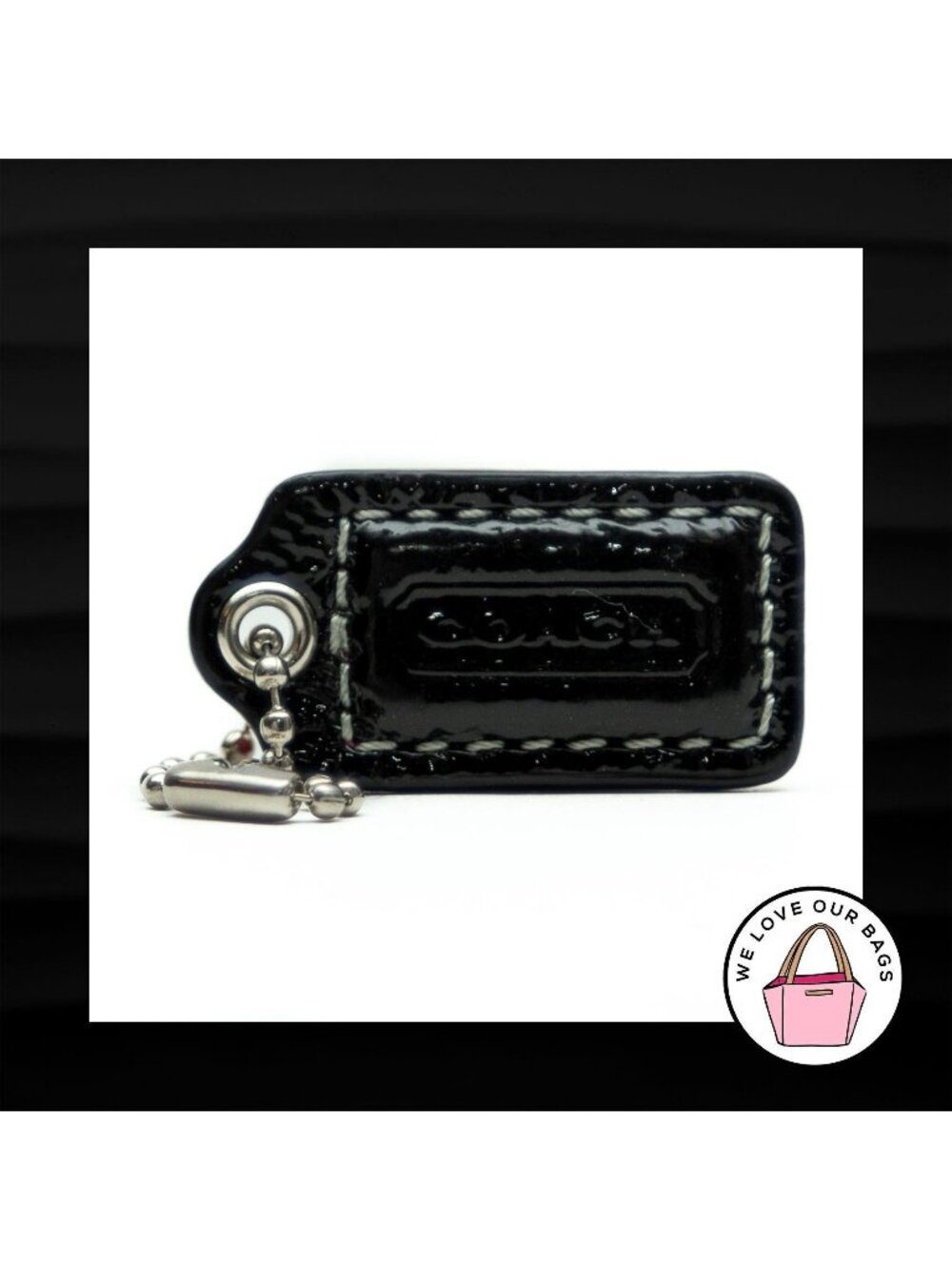 COACH HANG TAG 1.5" Bag Charm Keychain Fob Black Patent Leather Nickel Small